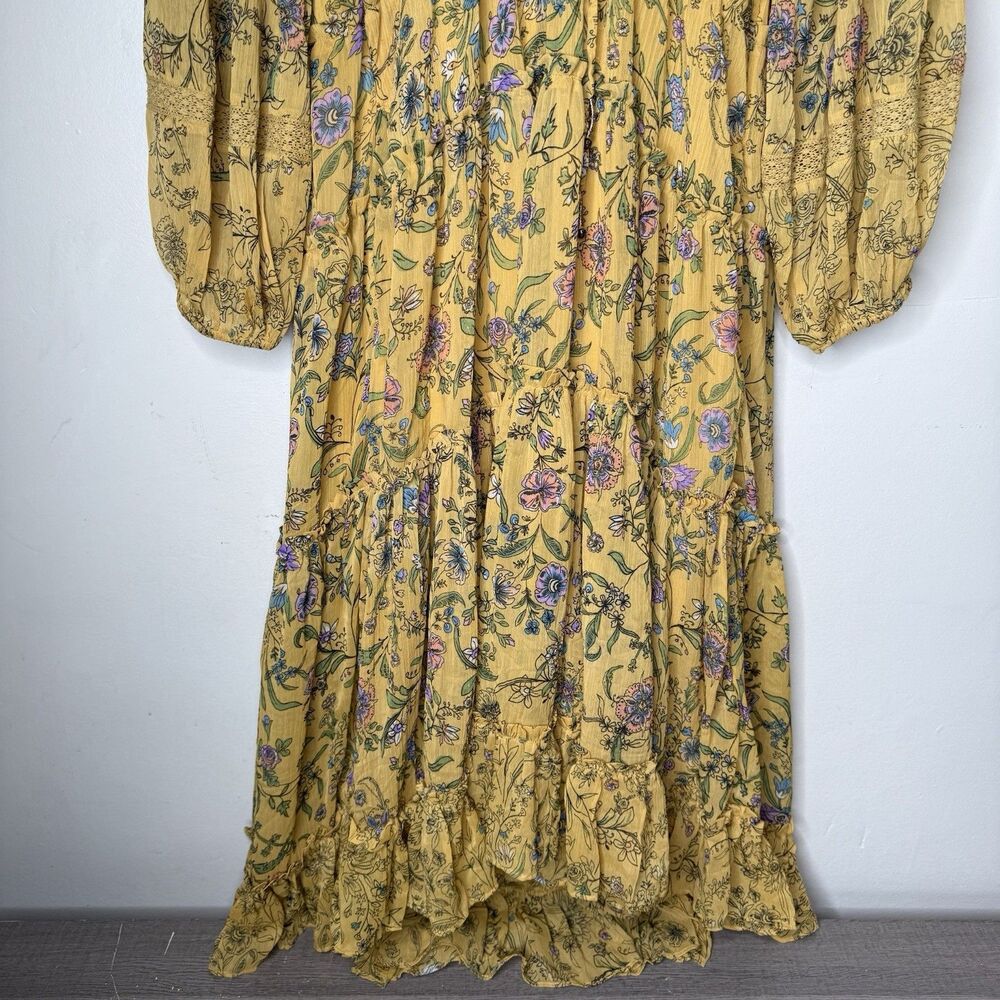 Free People Cassis Chiffon Maxi Dress Turmeric Floral Tiered Boho Festival Large - Picture 8 of 15